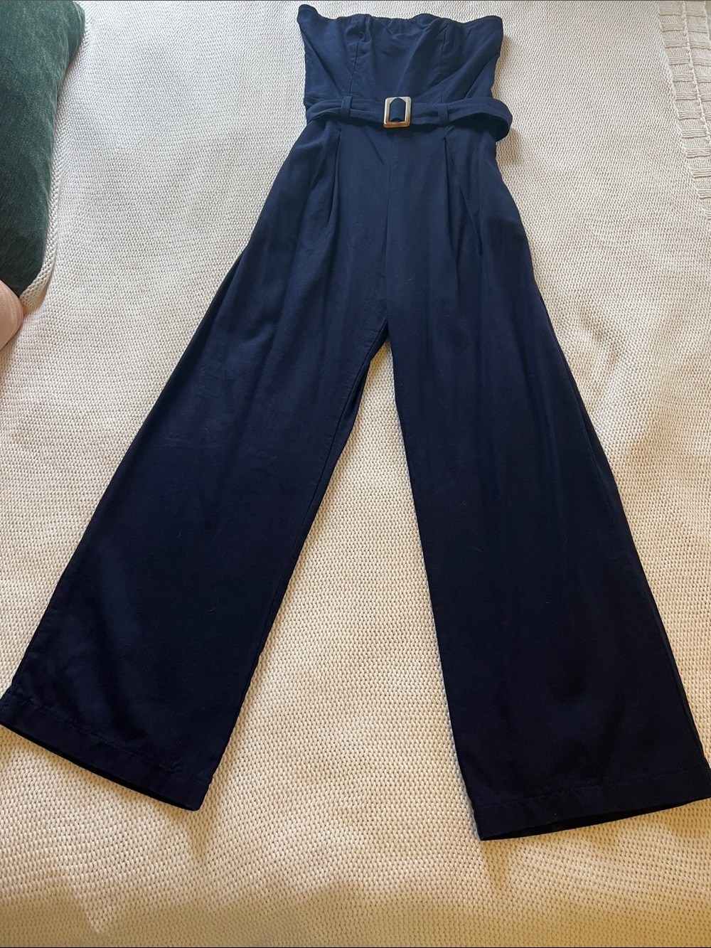 Strapless Navy Belted Wide-Leg Jumpsuit